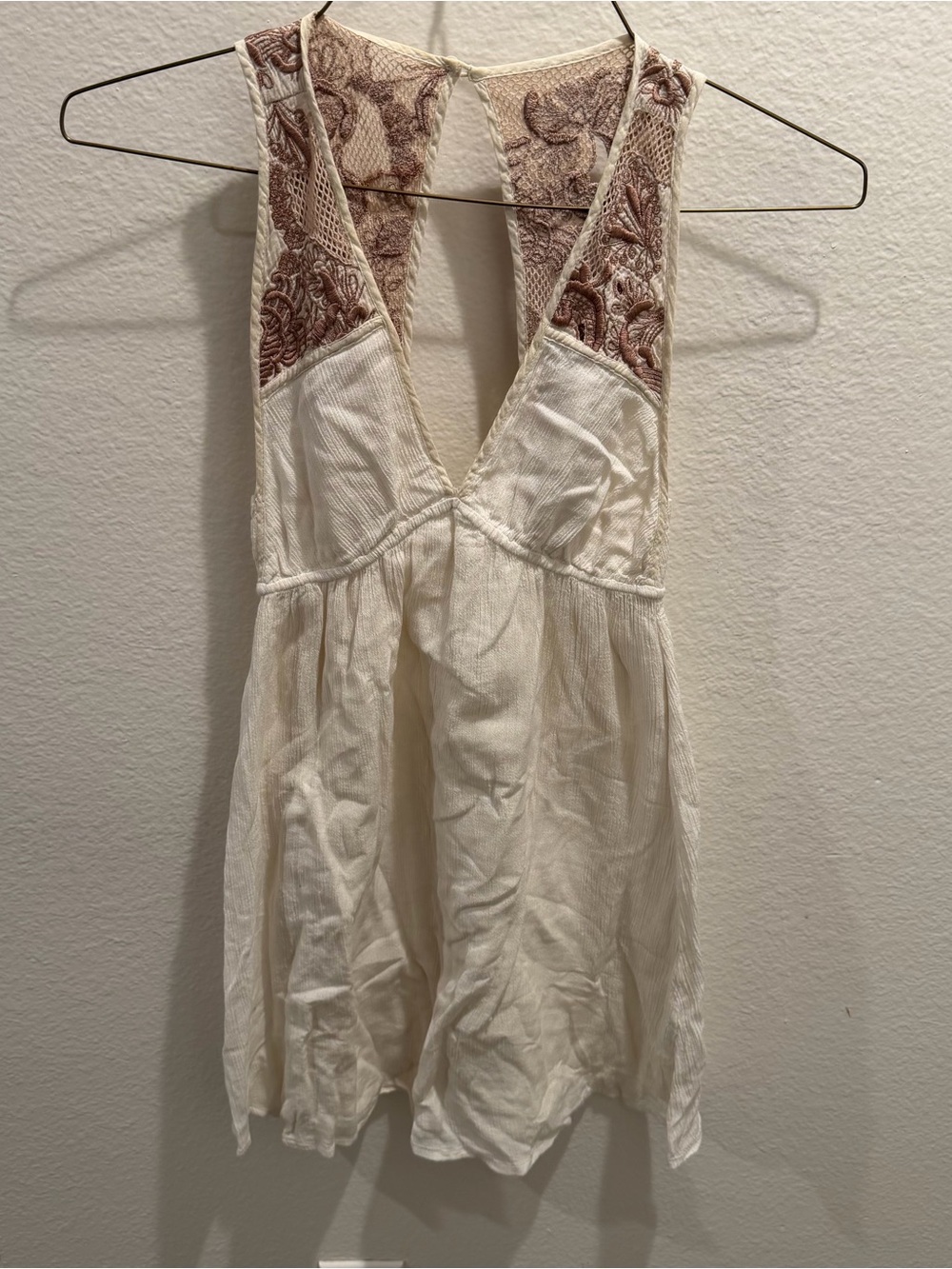 Ecote Cream Mini Dress with Rose-Embroidered Yoke